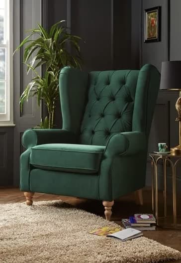 WOODSTER Prado Tufted Wing Chair for Living Room Bedroom High Back Arm Chair Cushioned Lounge Chair Single Seater Sofa |Luxury Rest Chair Arm Chair Sofa Fabric (Green)